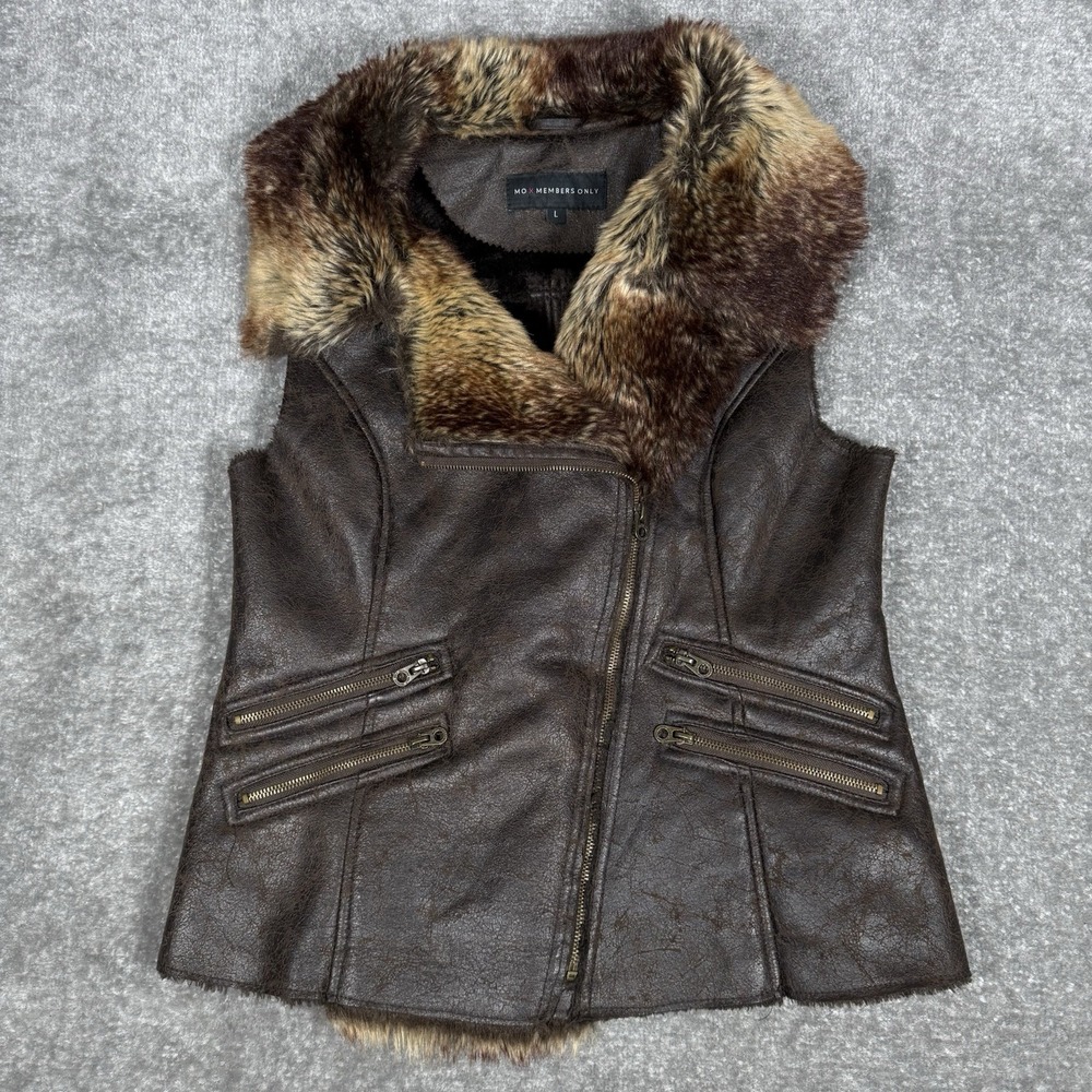 Members Only Vest Women's Large Brown Natalie Moto Faux Fur Full Zip